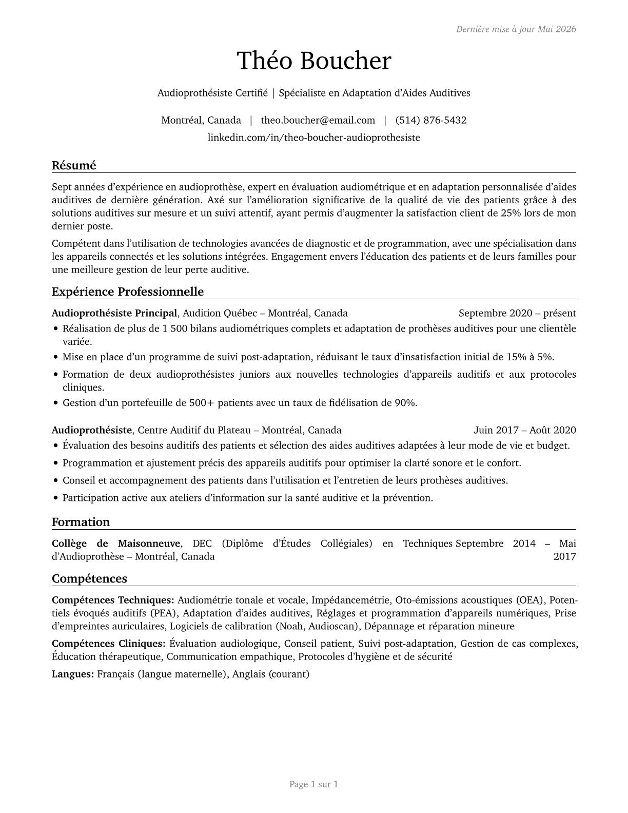 Hearing Aid Specialists CV in French — page 1