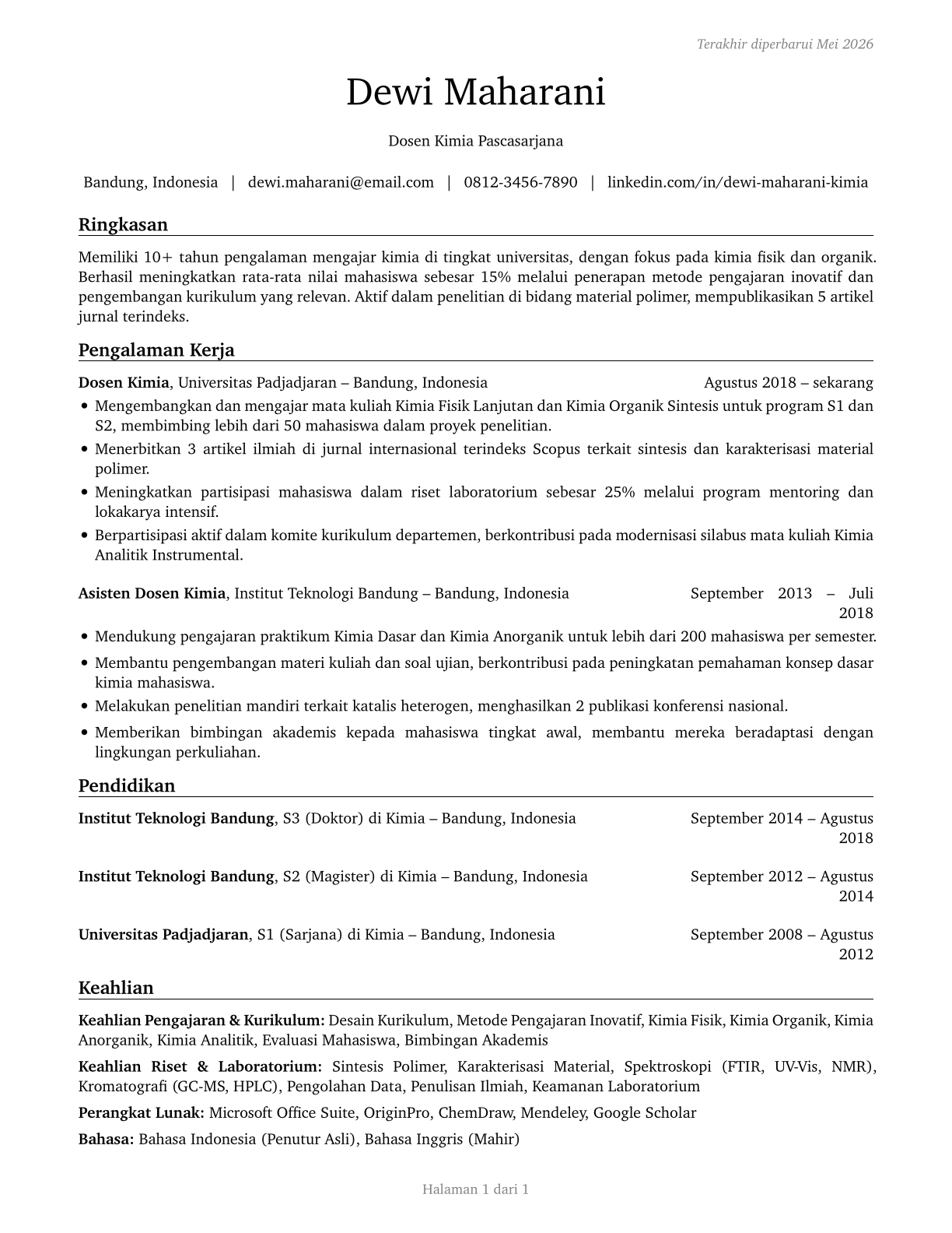 Chemistry Teachers, Postsecondary CV in Indonesian — page 1