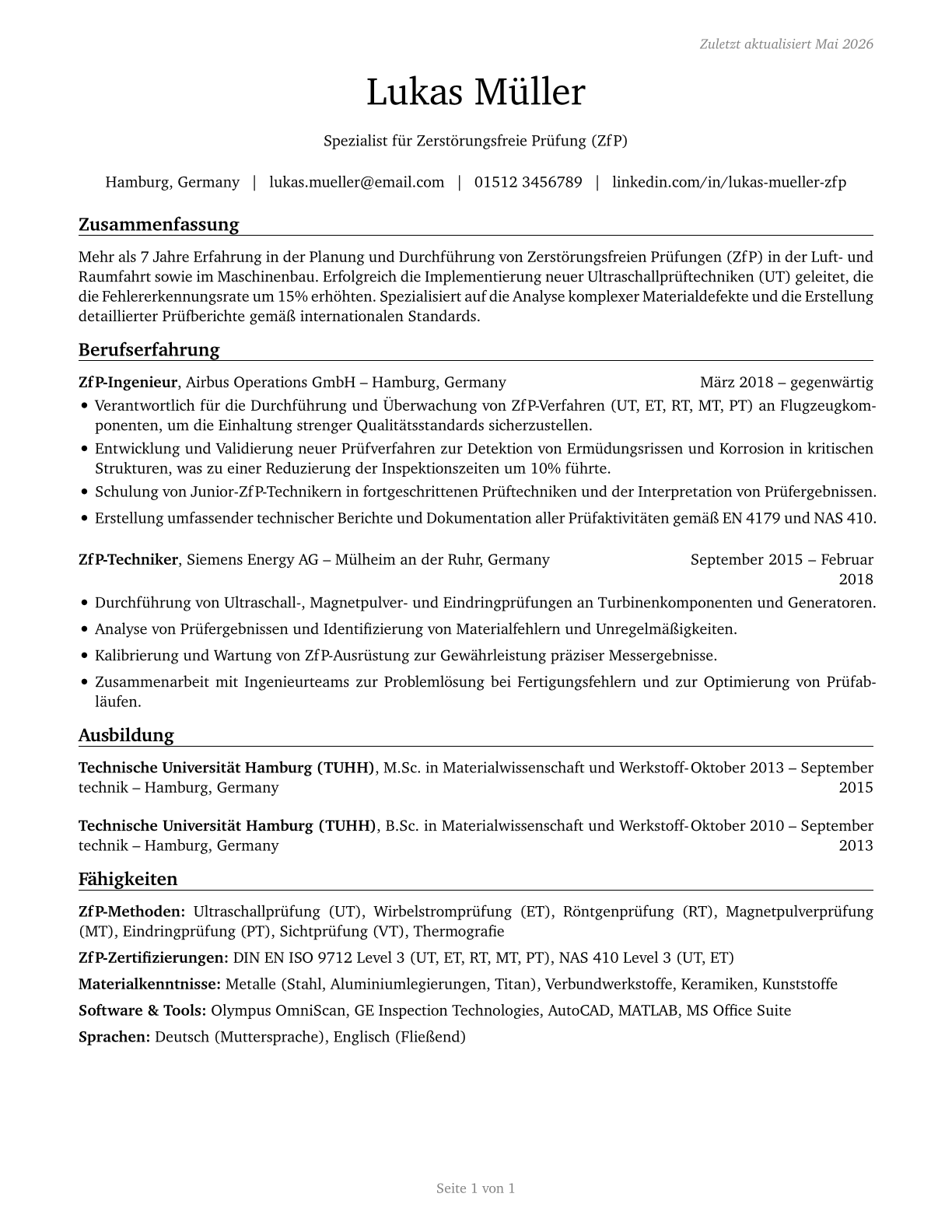 Non-Destructive Testing Specialists CV in German — page 1
