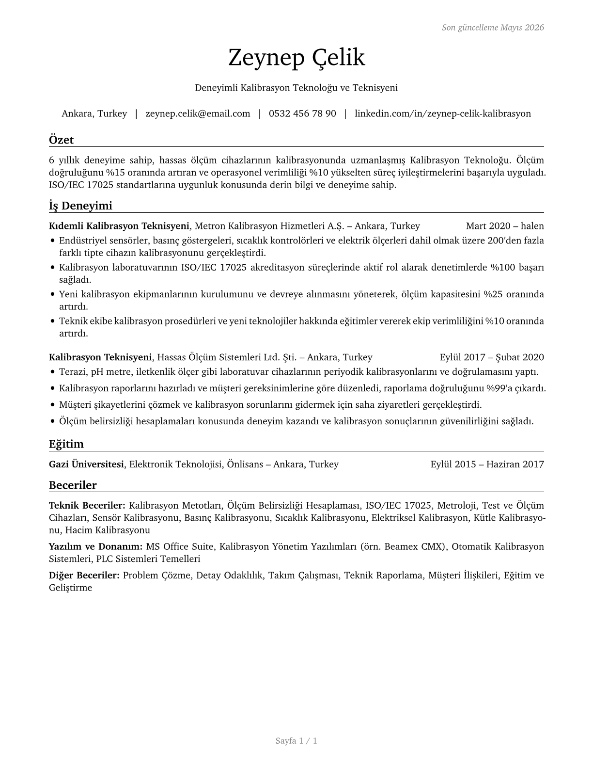 Calibration Technologists and Technicians CV in Turkish — page 1