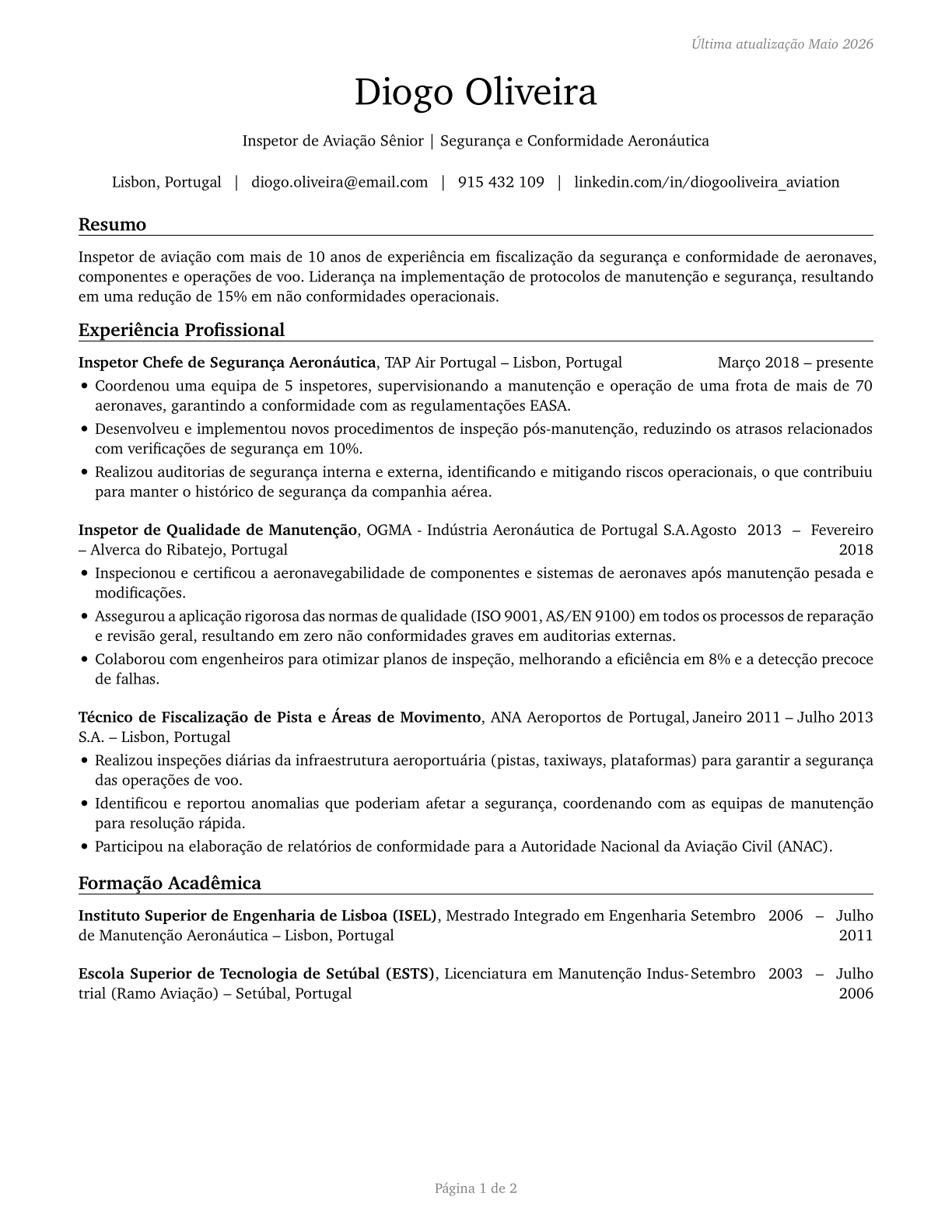 Aviation Inspectors CV in Portuguese — page 1