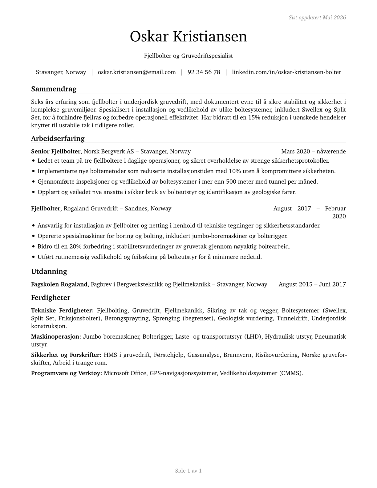 Roof Bolters, Mining CV in Norwegian_bokmal — page 1