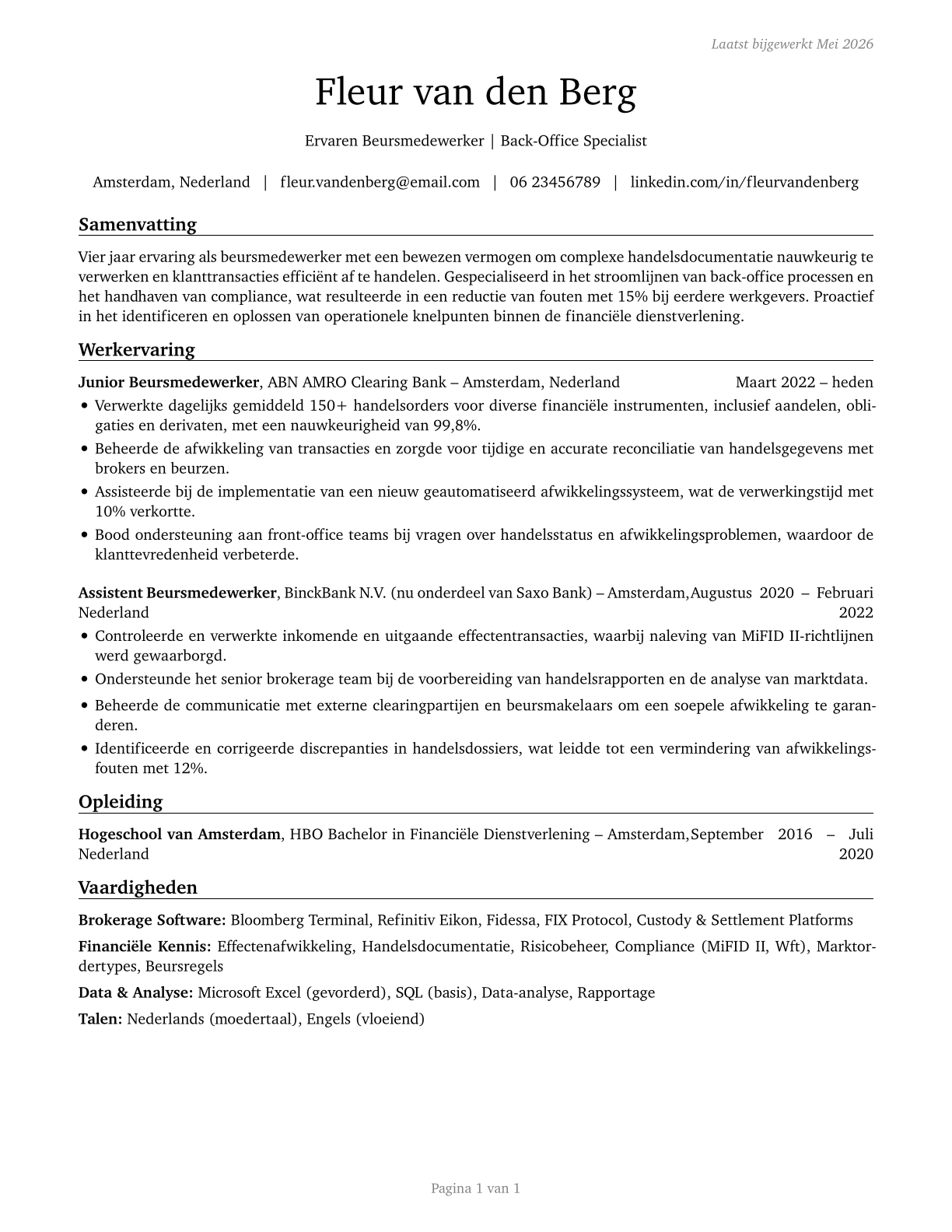 Brokerage Clerks CV in Dutch — page 1