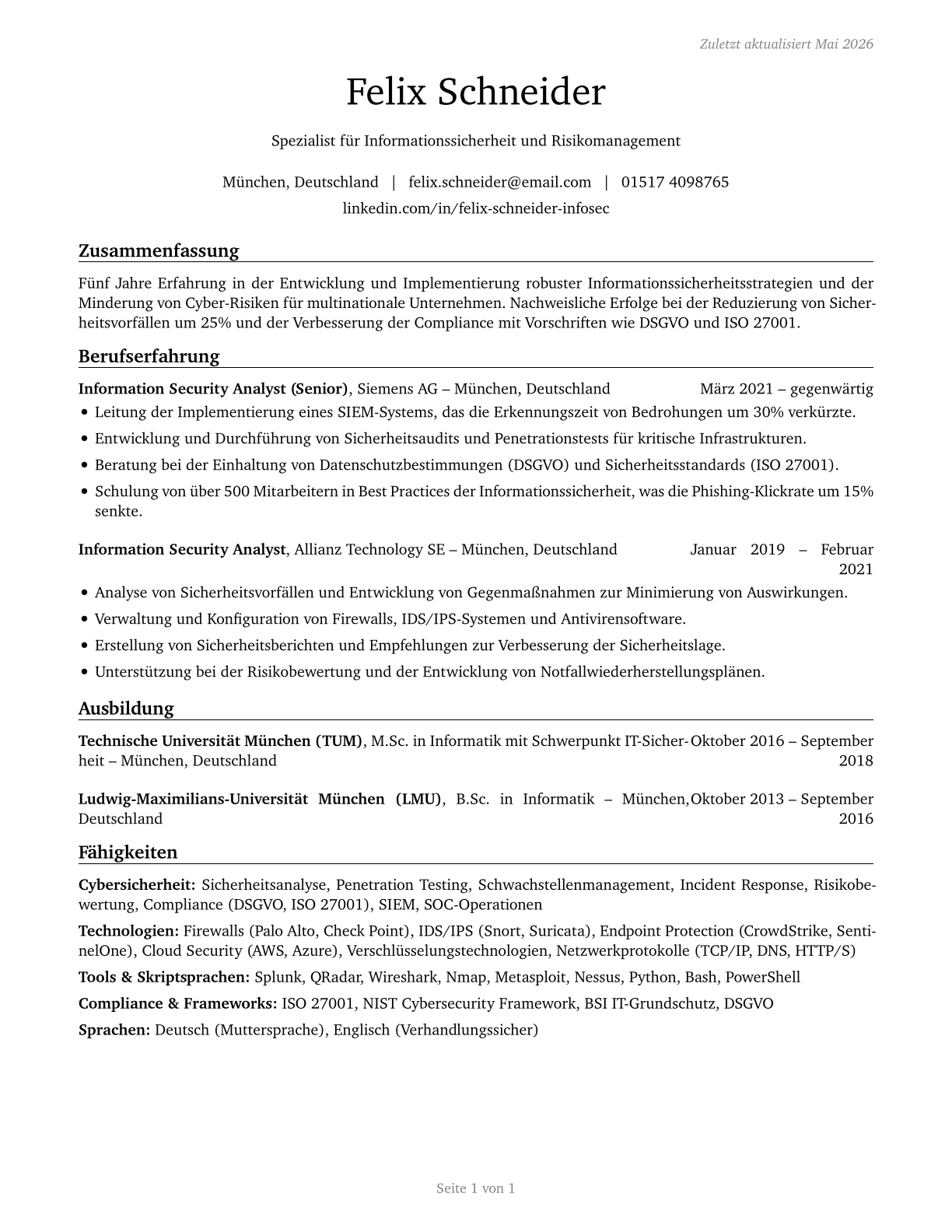Information Security Analysts CV in German — page 1