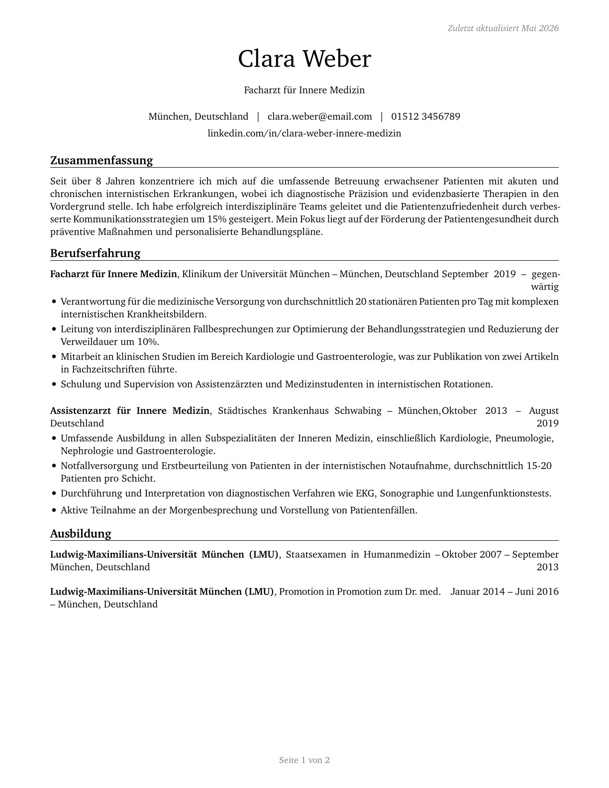 General Internal Medicine Physicians CV in German — page 1