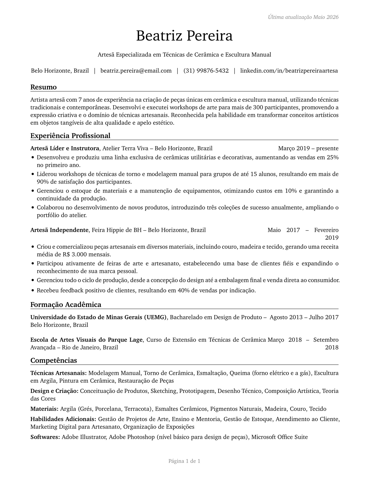 Craft Artists CV in Portuguese — page 1
