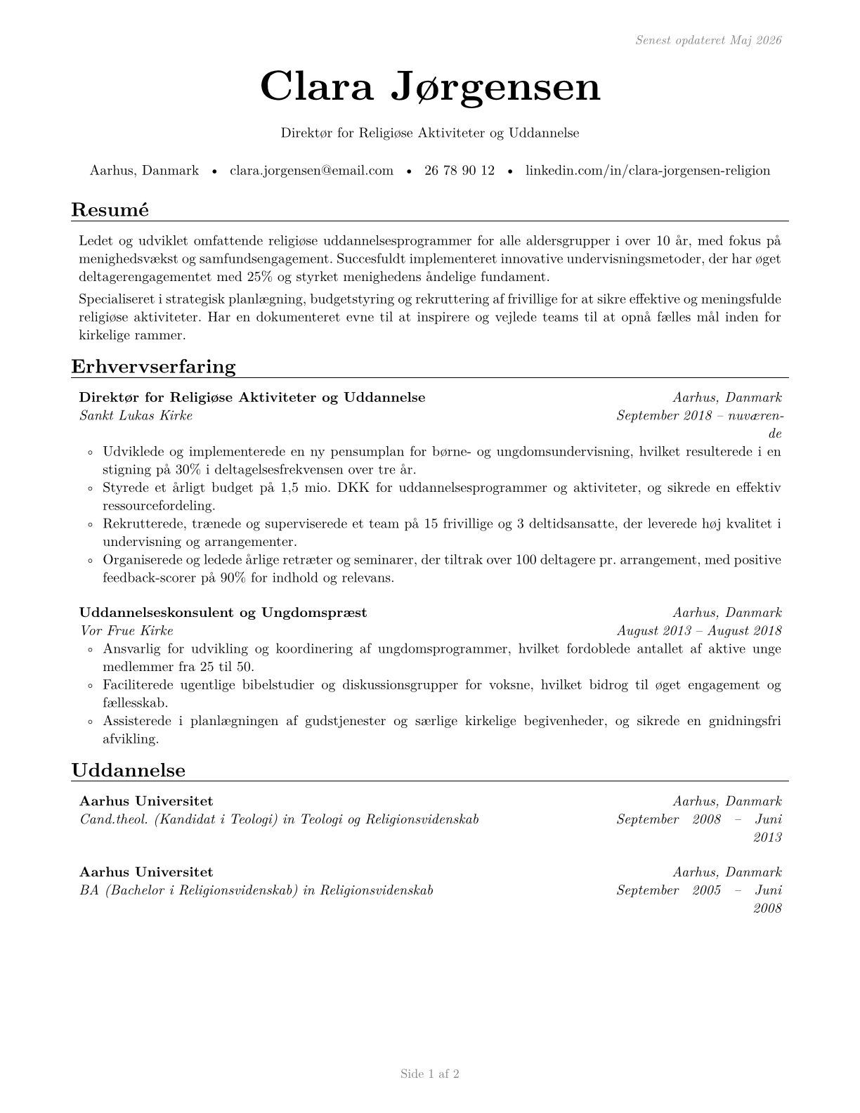Directors, Religious Activities and Education CV in Danish — page 1