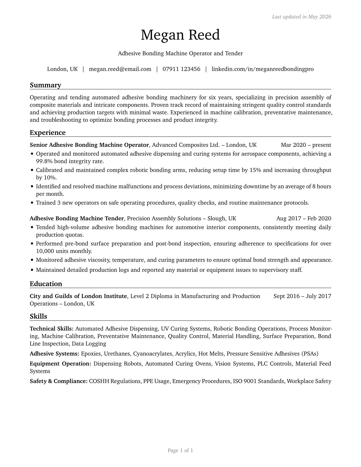 Adhesive Bonding Machine Operators and Tenders CV in English — page 1