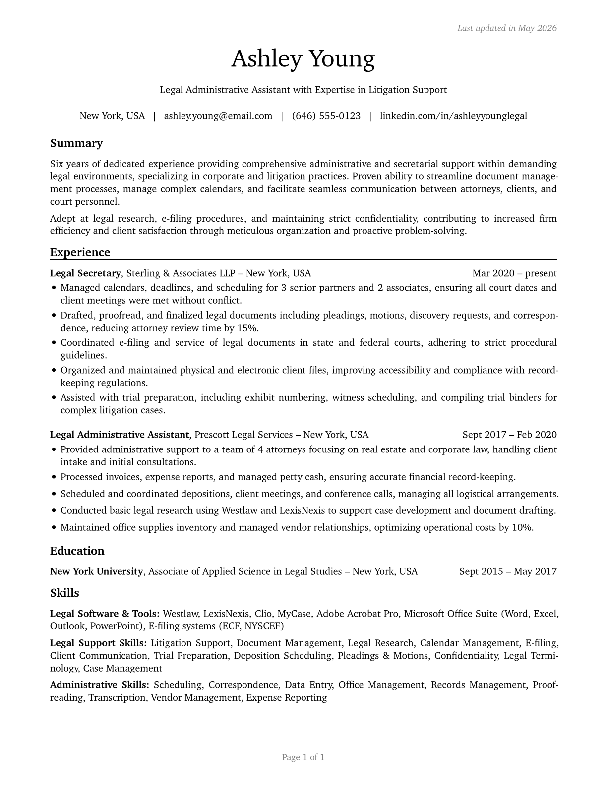 Legal Secretaries and Administrative Assistants CV in English — page 1