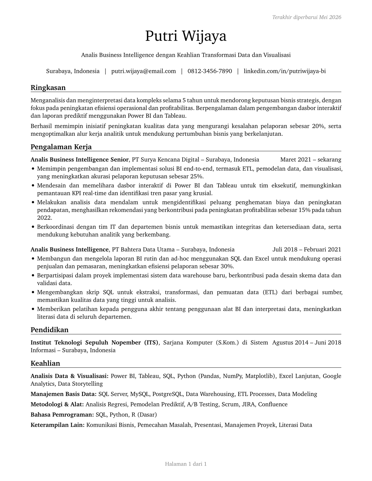 Business Intelligence Analysts CV in Indonesian — page 1