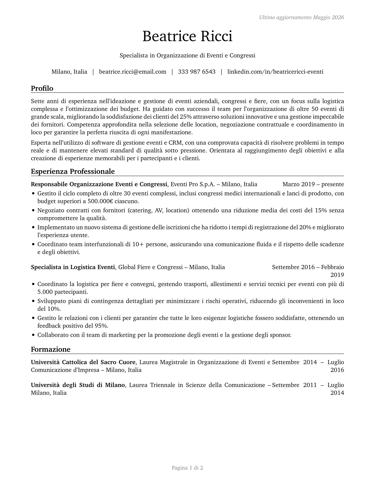 Meeting, Convention, and Event Planners CV in Italian — page 1