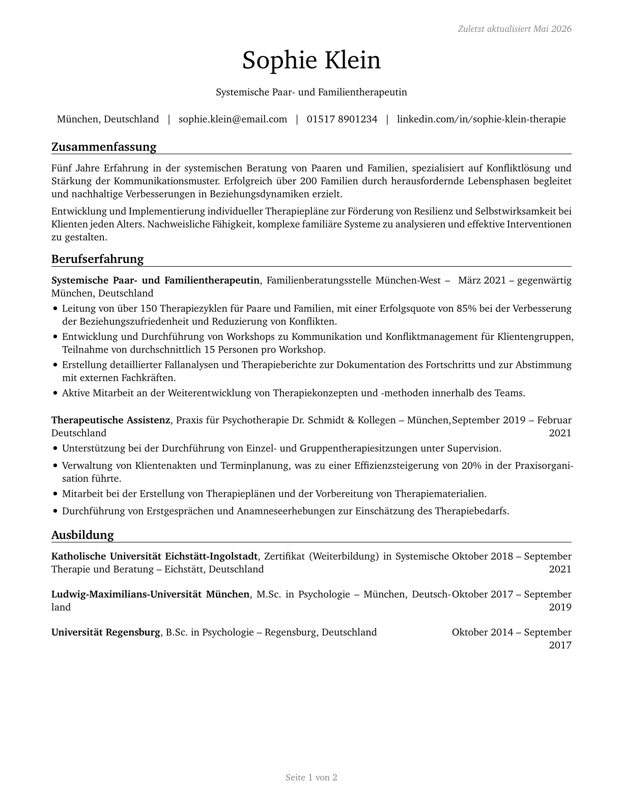 Marriage and Family Therapists CV in German — page 1