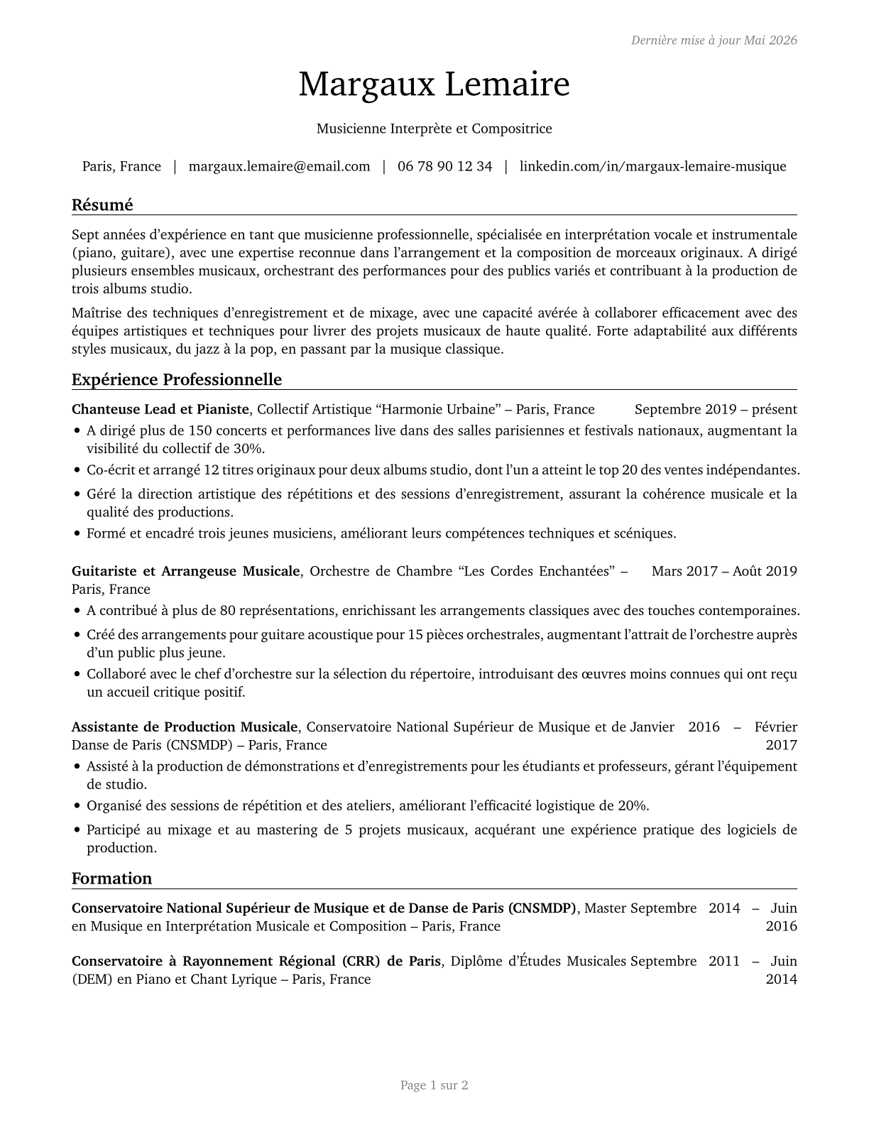 Musicians and Singers CV in French — page 1