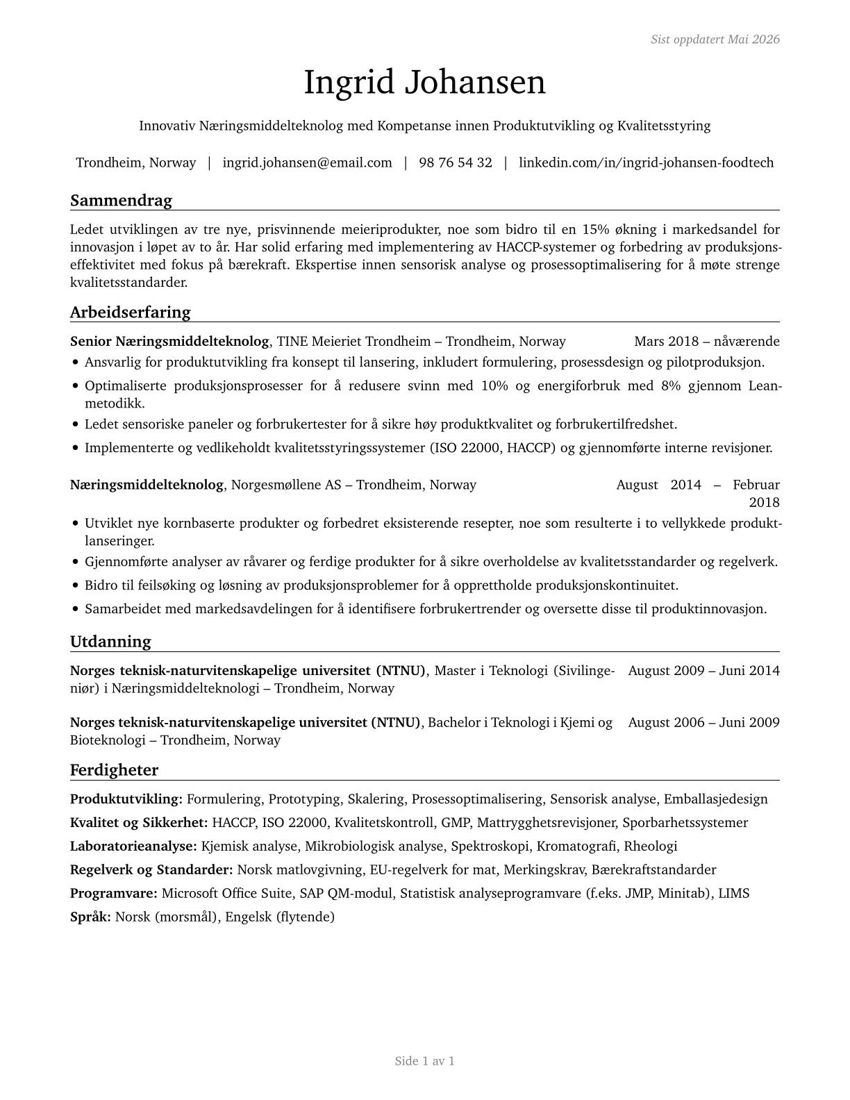 Food Scientists and Technologists CV in Norwegian_bokmal — page 1