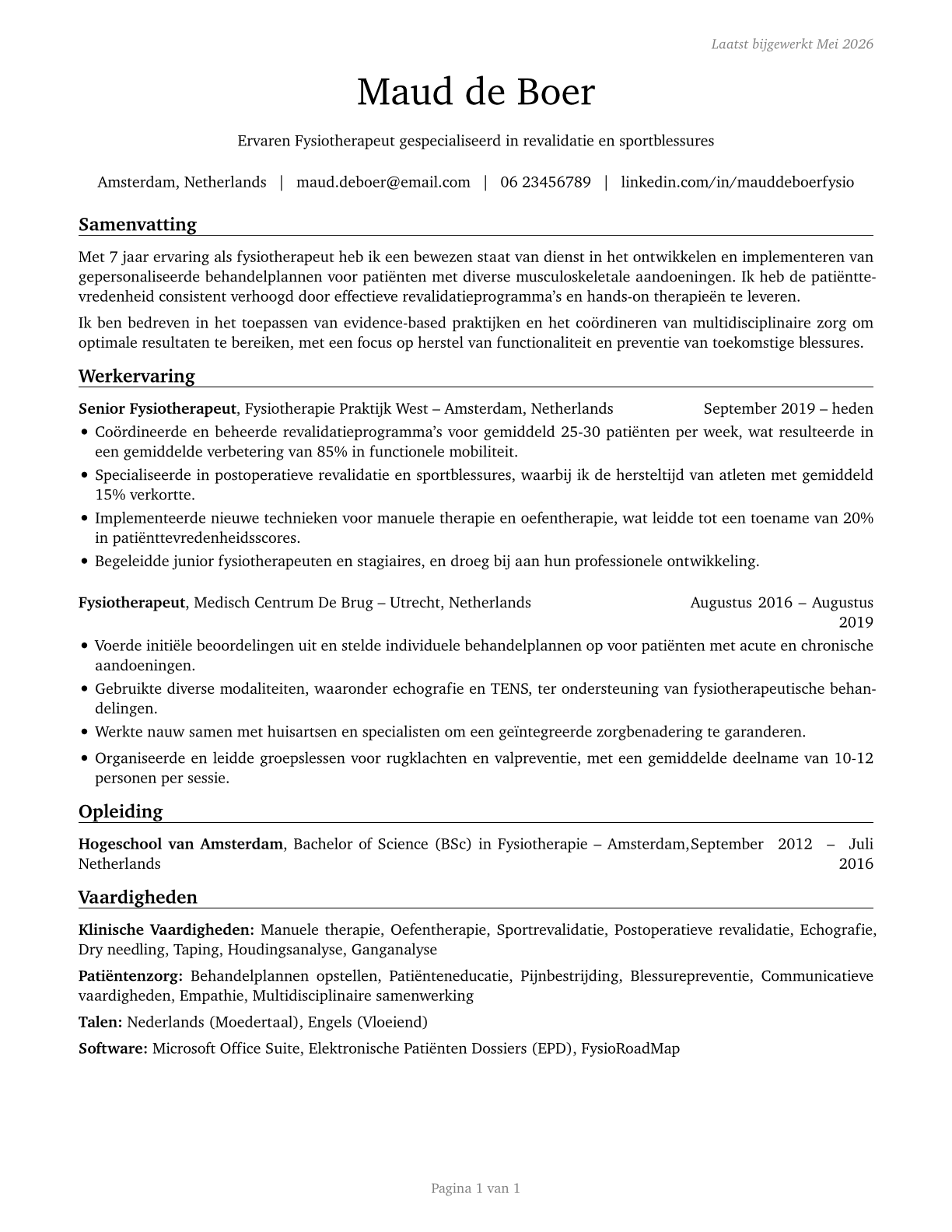 Physical Therapists CV in Dutch — page 1