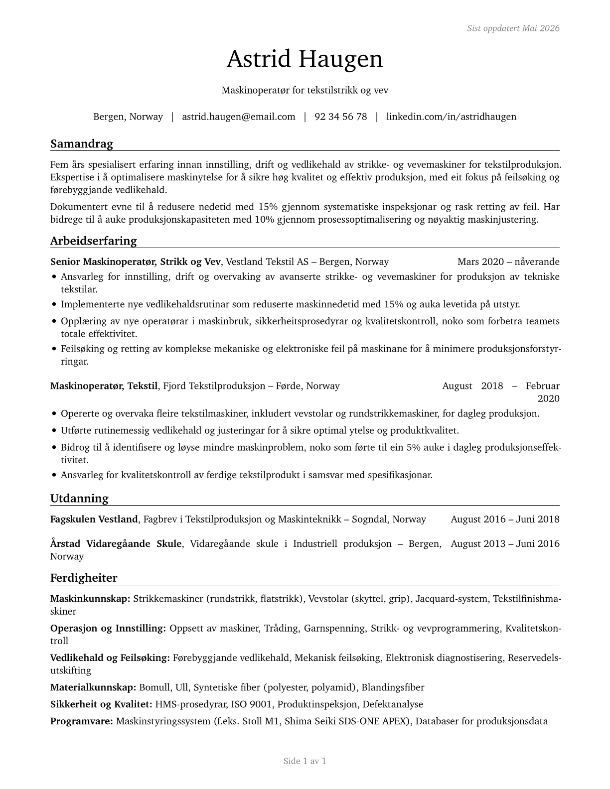 Textile Knitting and Weaving Machine Setters, Operators, and Tenders CV in Norwegian_nynorsk — page 1