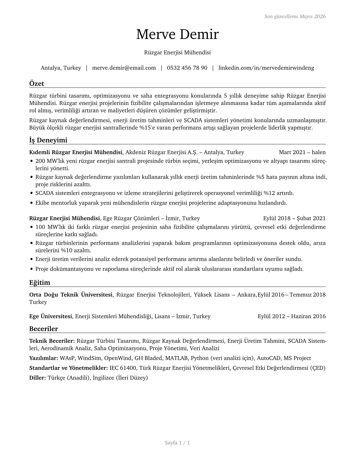Wind Energy Engineers CV in Turkish — page 1