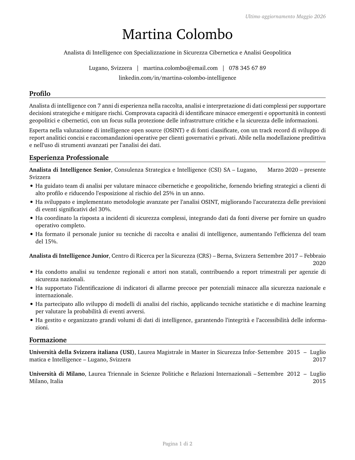 Intelligence Analysts CV in Italian — page 1