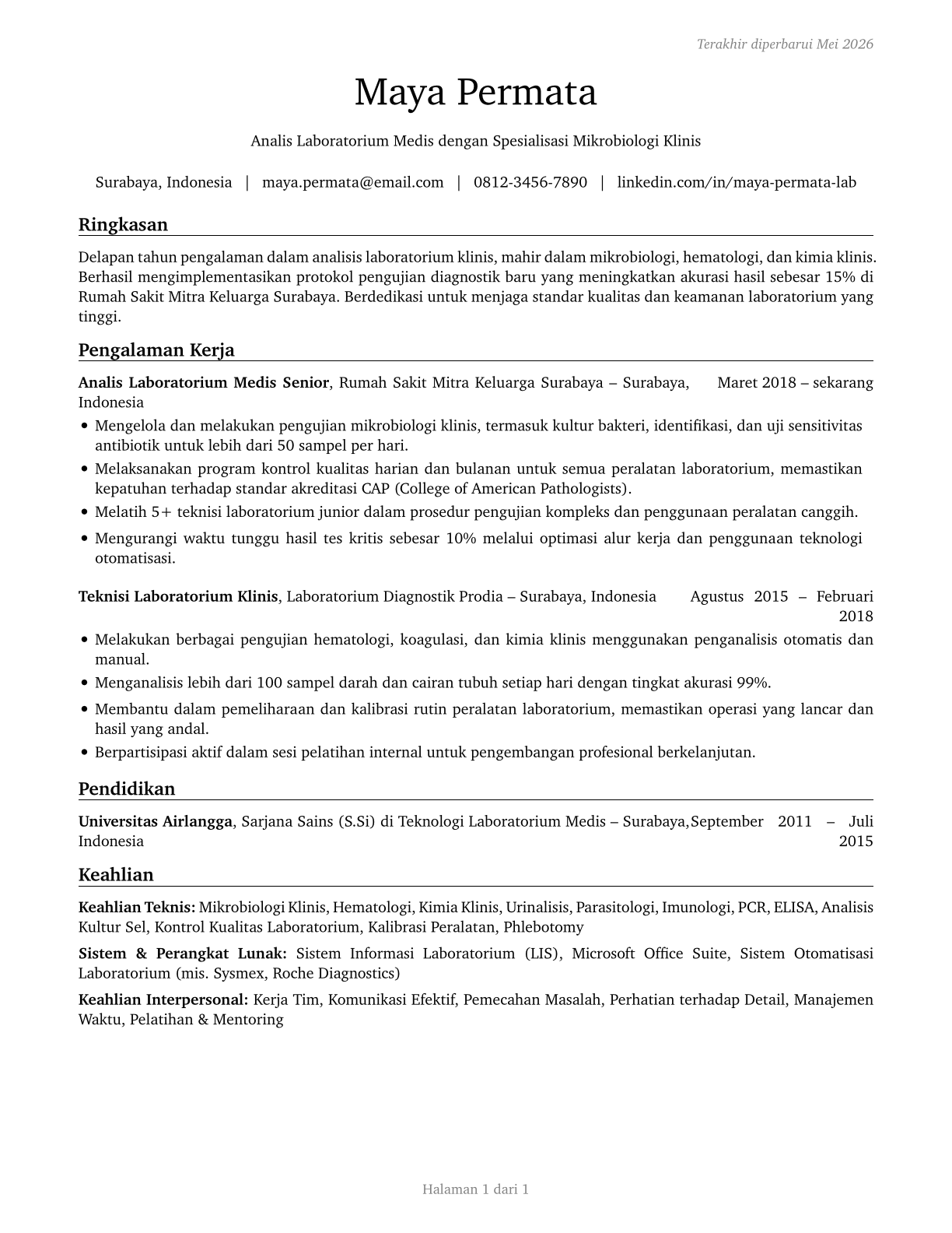 Medical and Clinical Laboratory Technologists CV in Indonesian — page 1
