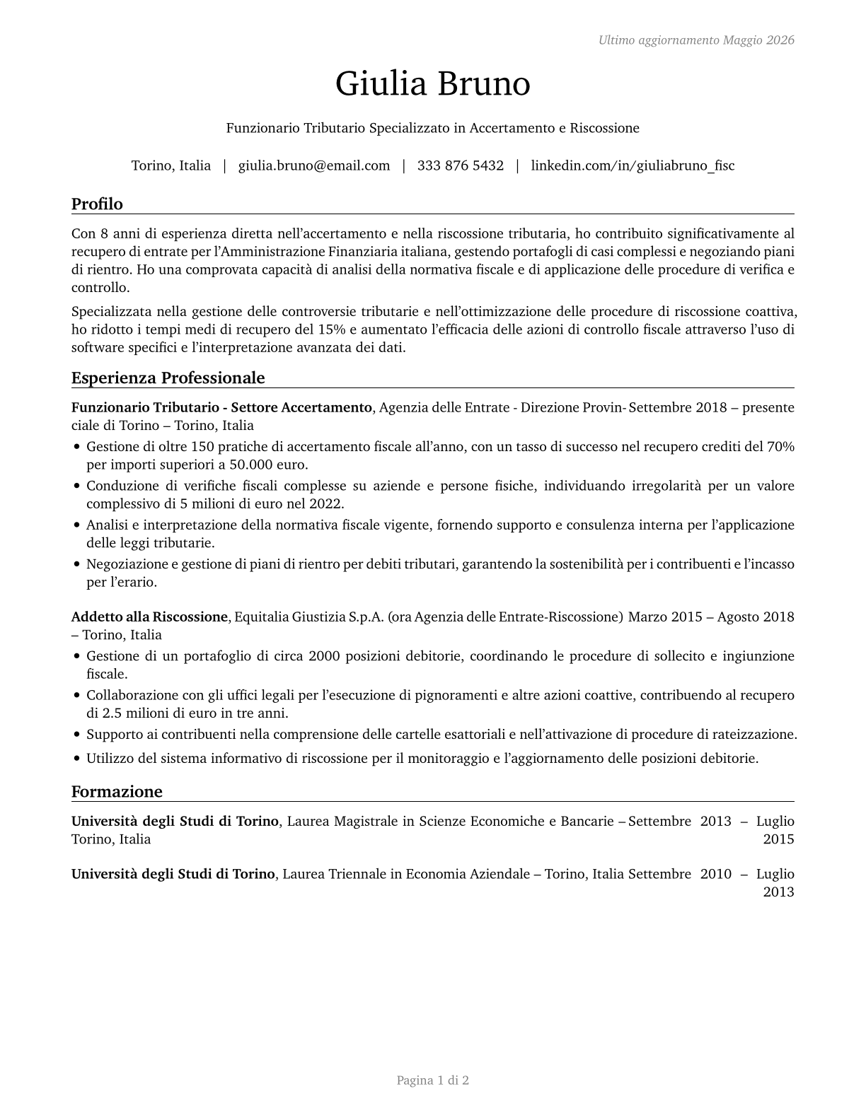 Tax Examiners and Collectors, and Revenue Agents CV in Italian — page 1