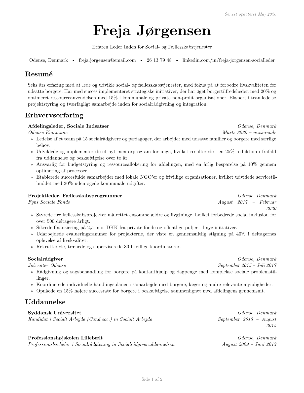Social and Community Service Managers CV in Danish — page 1