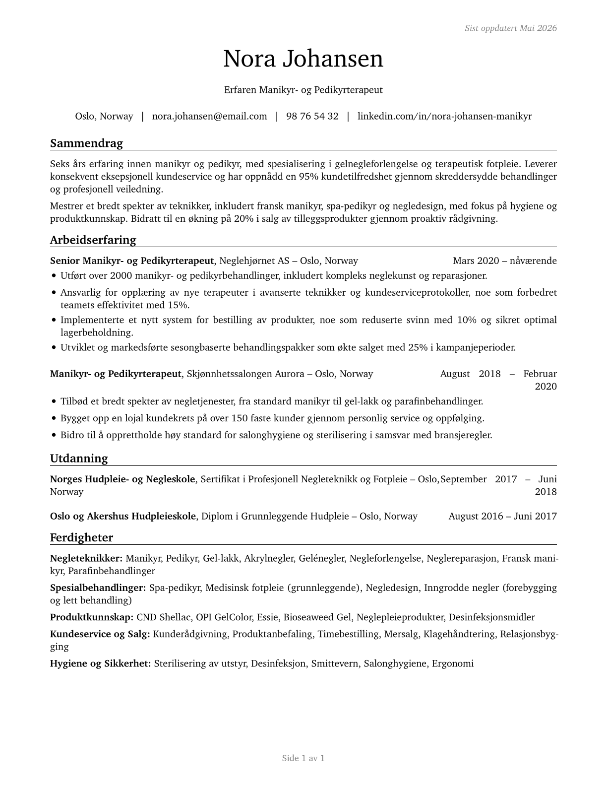Manicurists and Pedicurists CV in Norwegian_bokmal — page 1