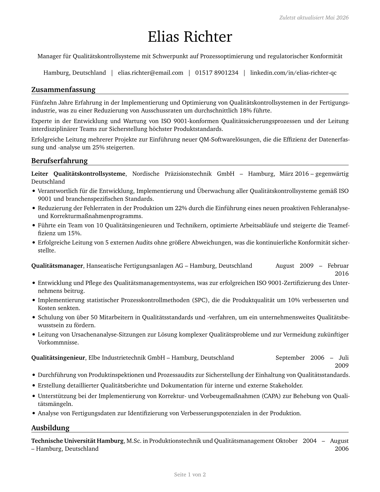 Quality Control Systems Managers CV in German — page 1
