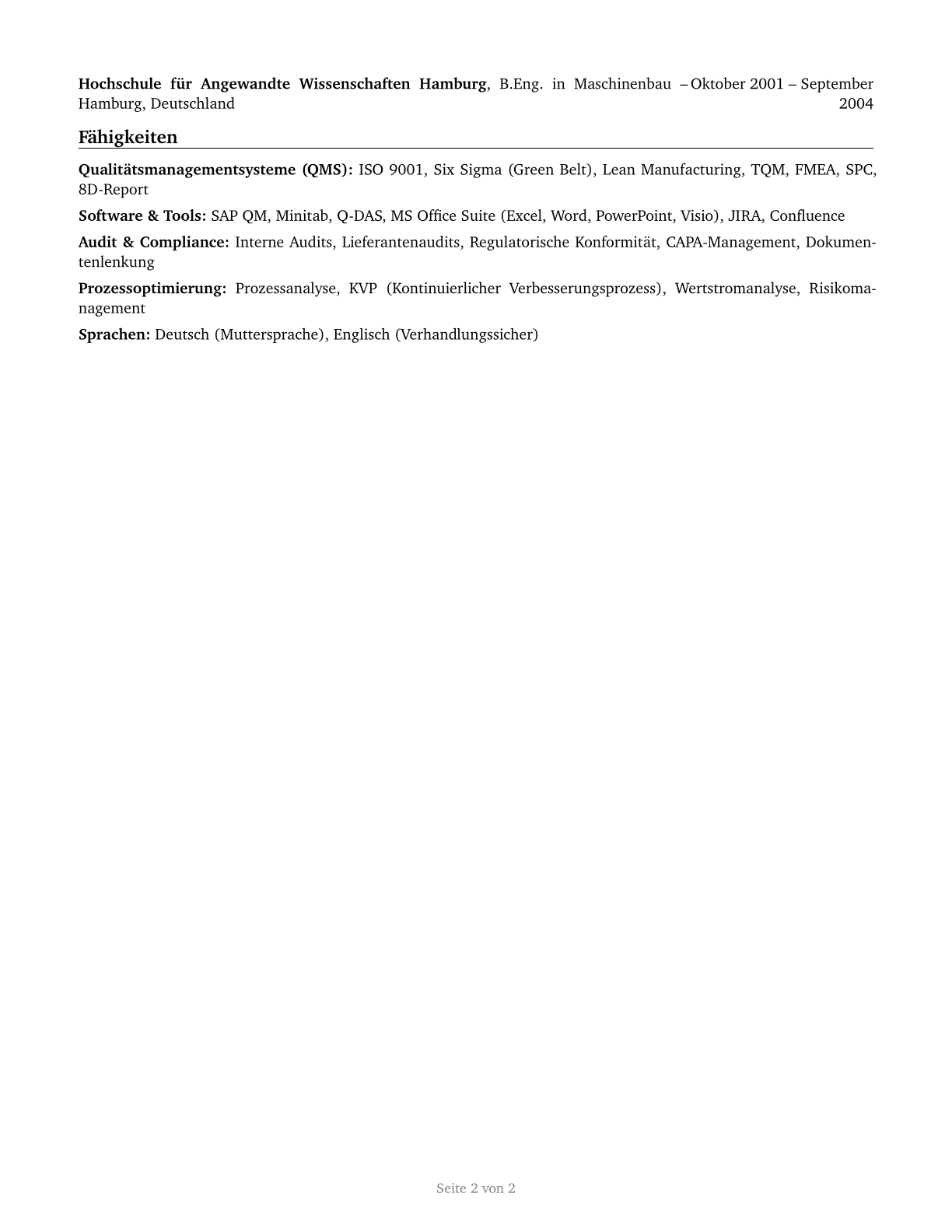 Quality Control Systems Managers CV in German — page 2