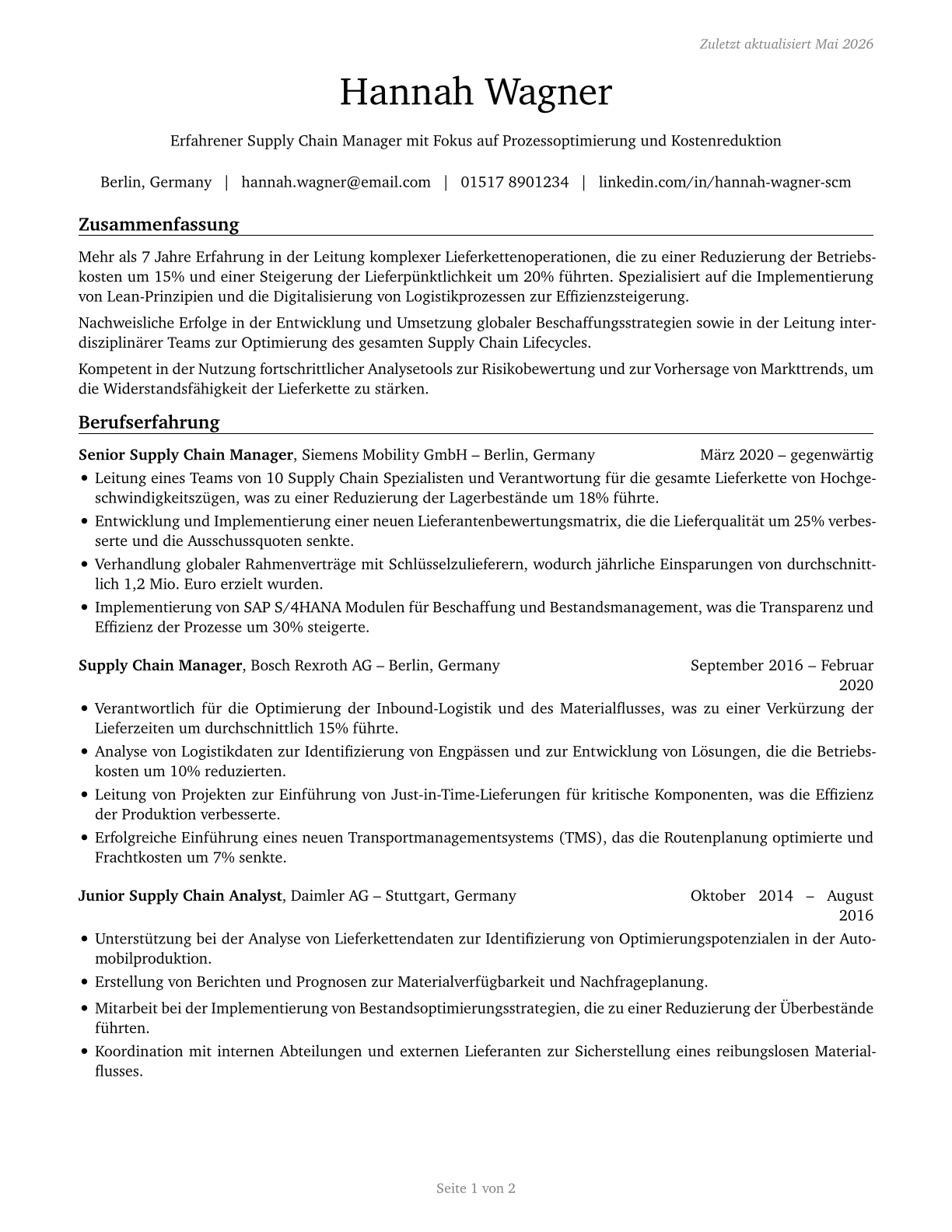 Supply Chain Managers CV in German — page 1