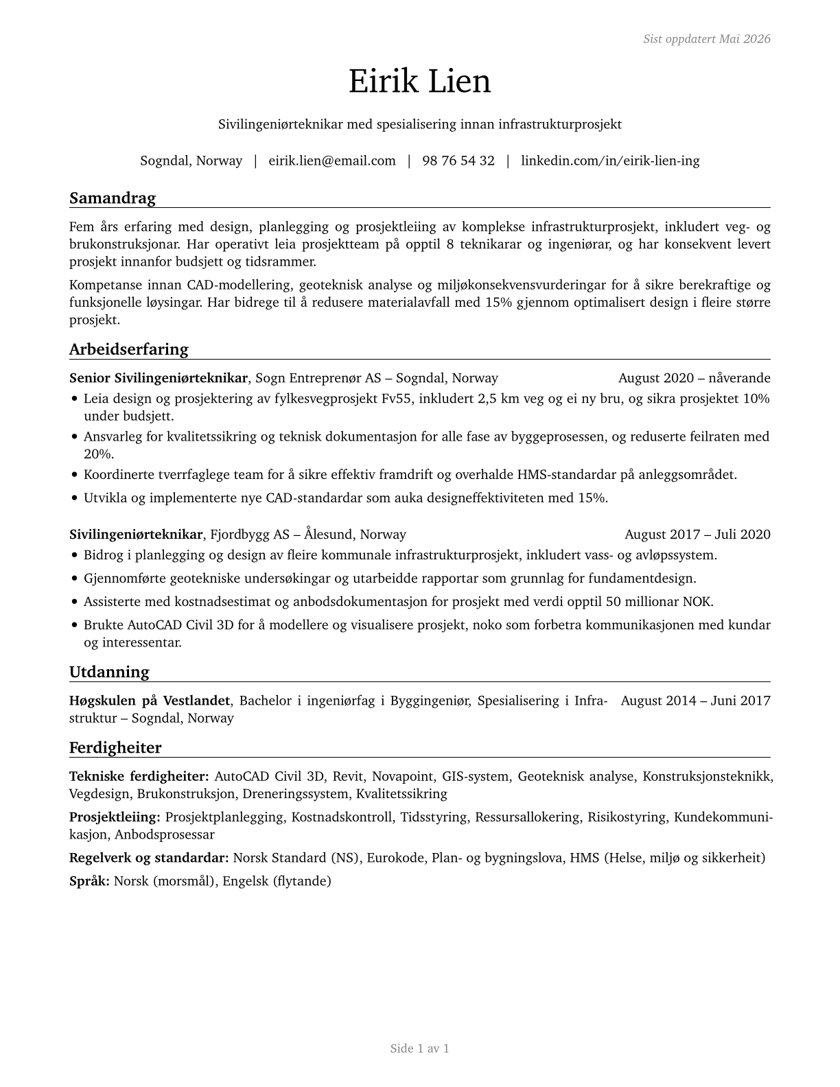 Civil Engineering Technologists and Technicians CV in Norwegian_nynorsk — page 1