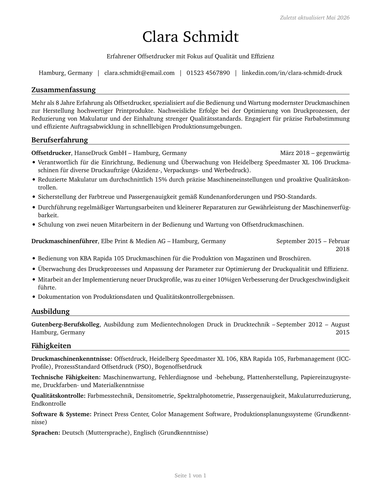 Printing Press Operators CV in German — page 1