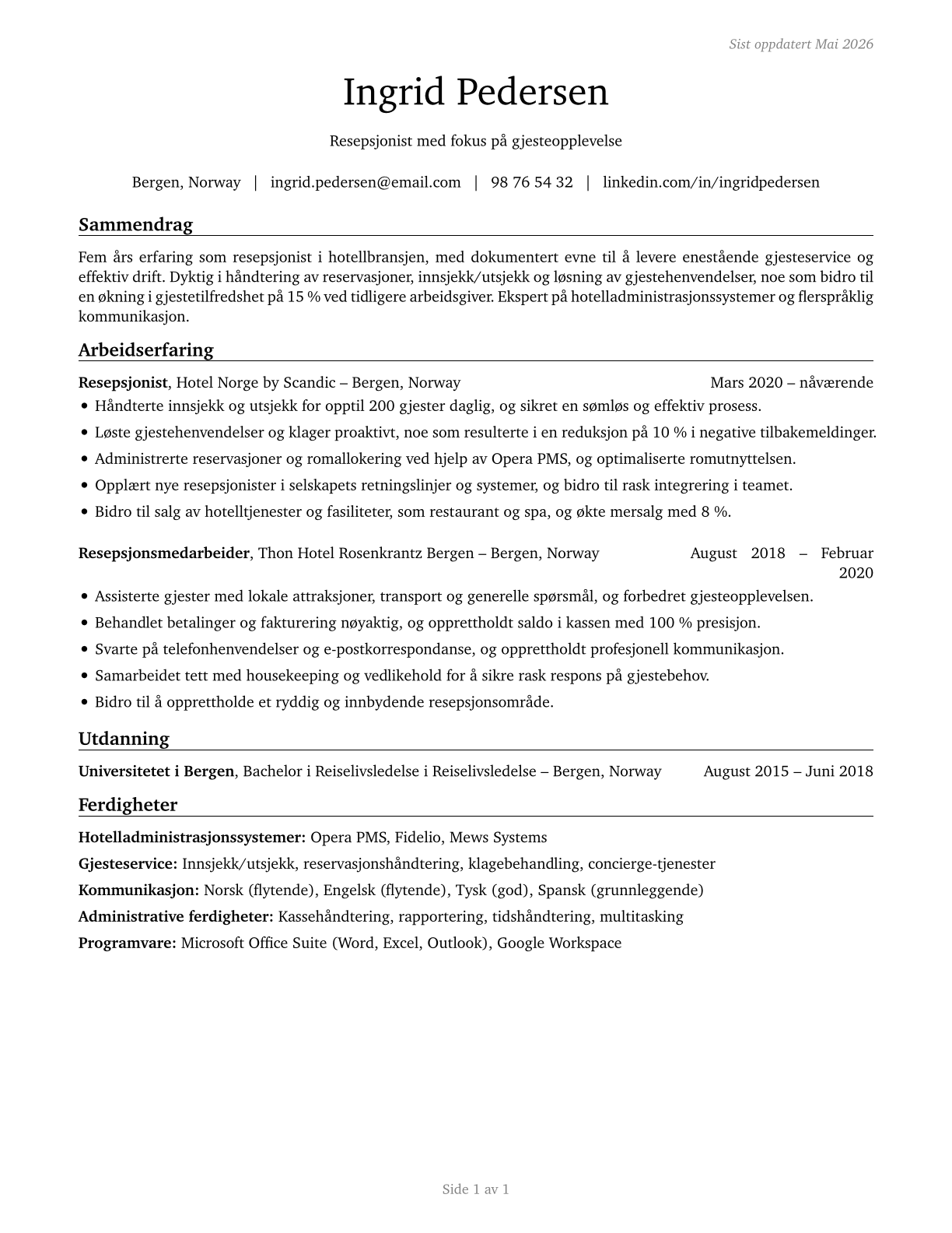 Hotel, Motel, and Resort Desk Clerks CV in Norwegian_bokmal — page 1