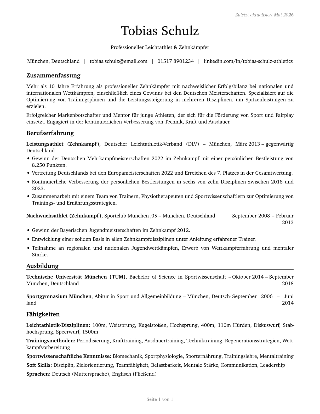 Athletes and Sports Competitors CV in German — page 1