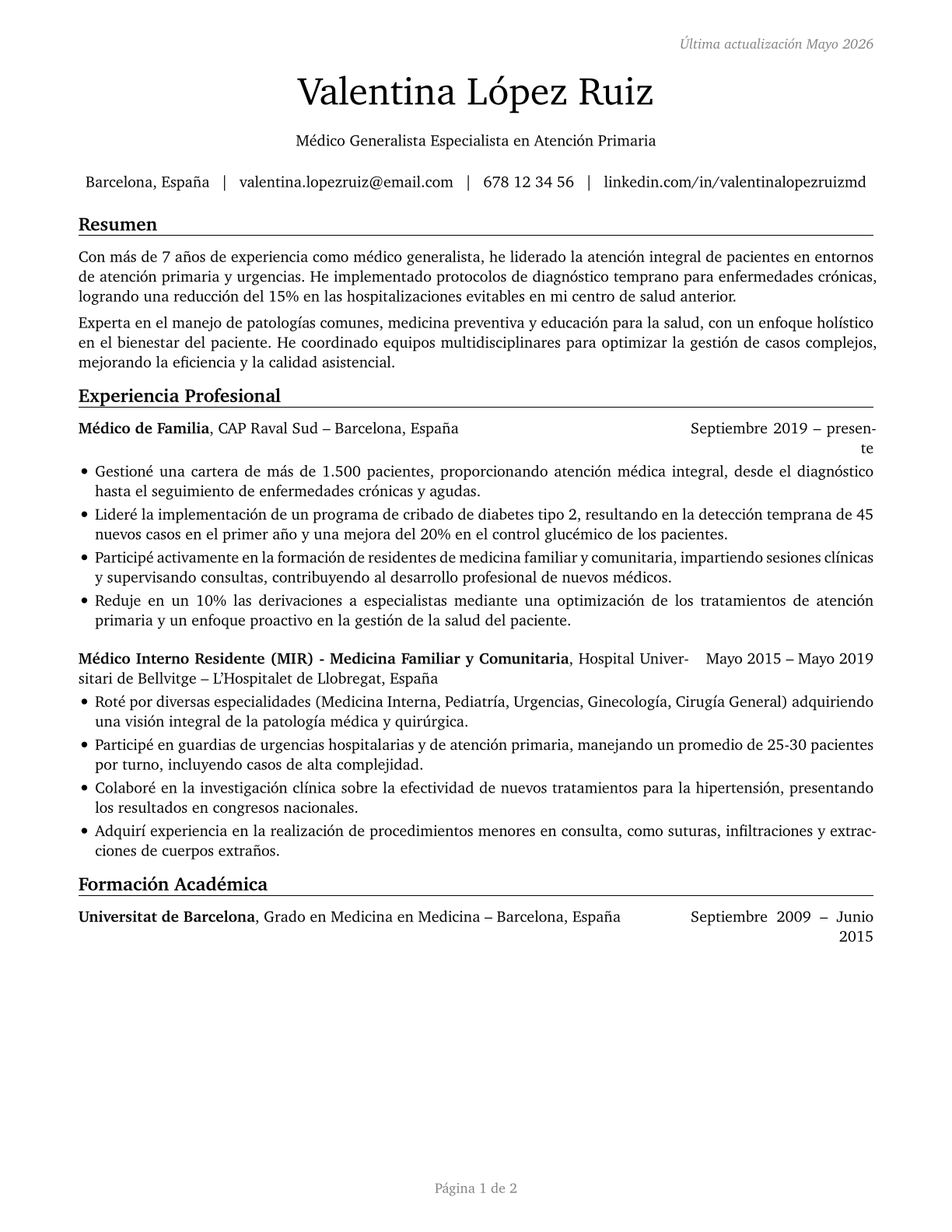 Physicians, All Other CV in Spanish — page 1