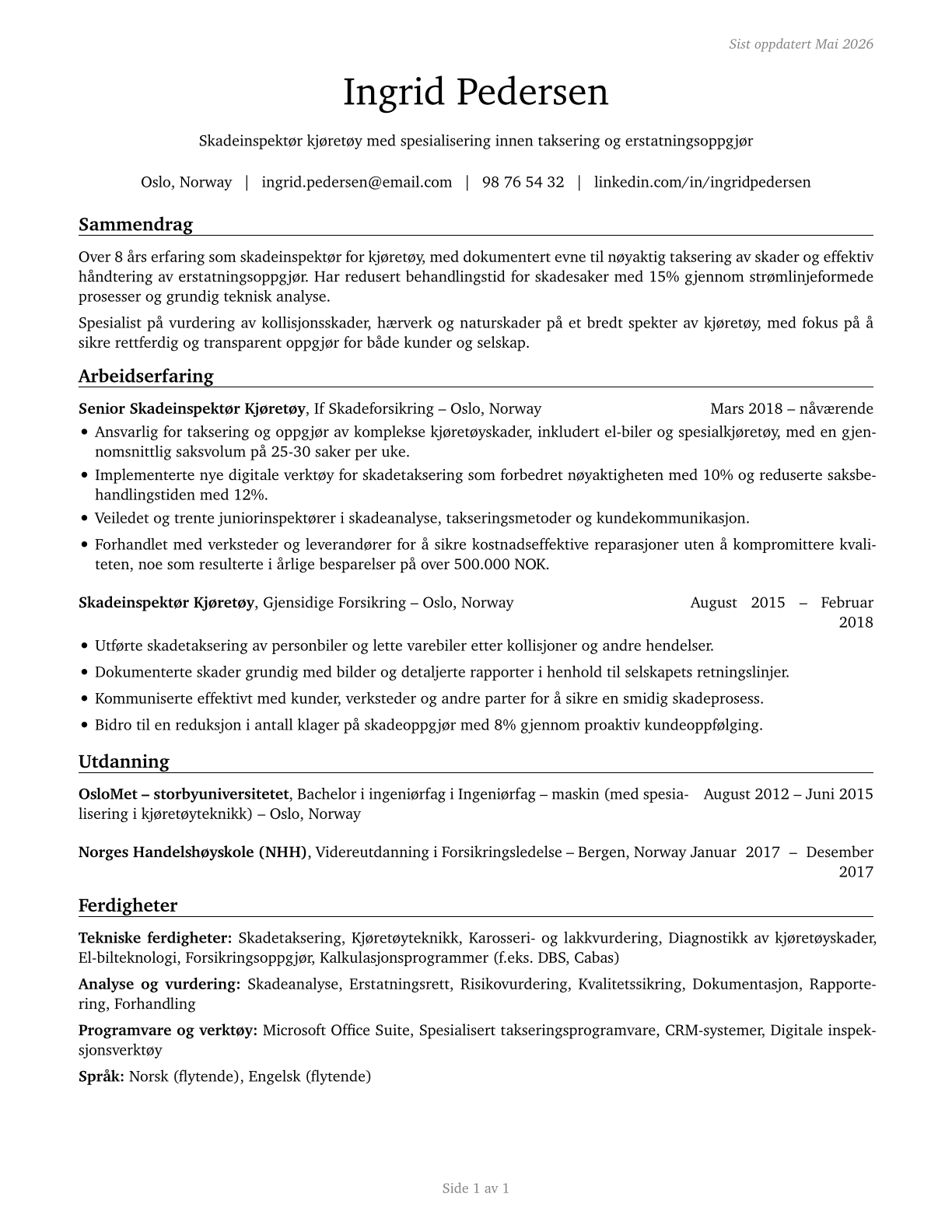 Insurance Appraisers, Auto Damage CV in Norwegian_bokmal — page 1
