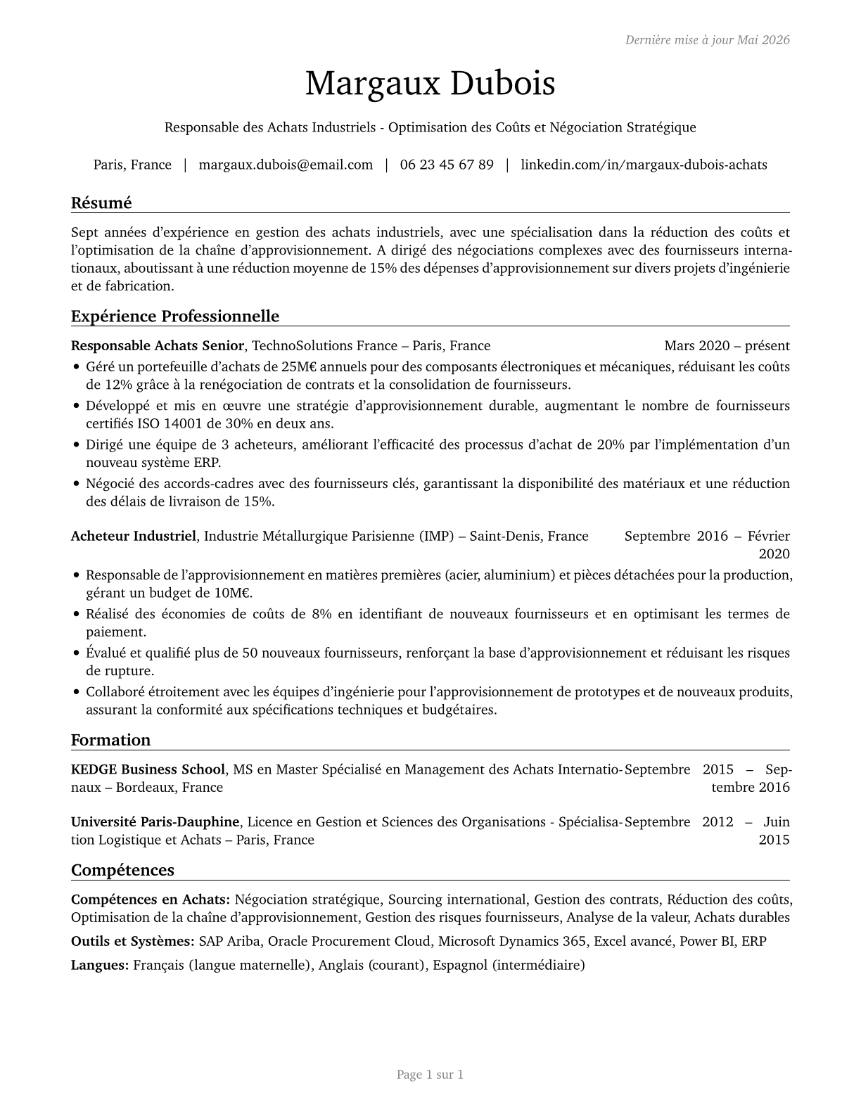 Purchasing Agents, Except Wholesale, Retail, and Farm Products CV in French — page 1