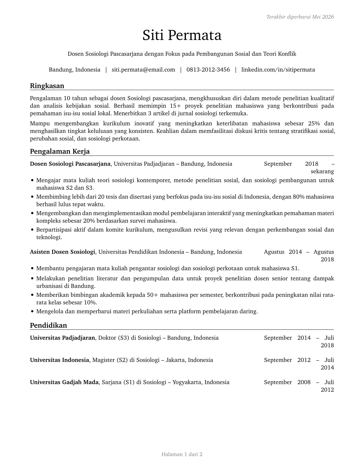 Sociology Teachers, Postsecondary CV in Indonesian — page 1