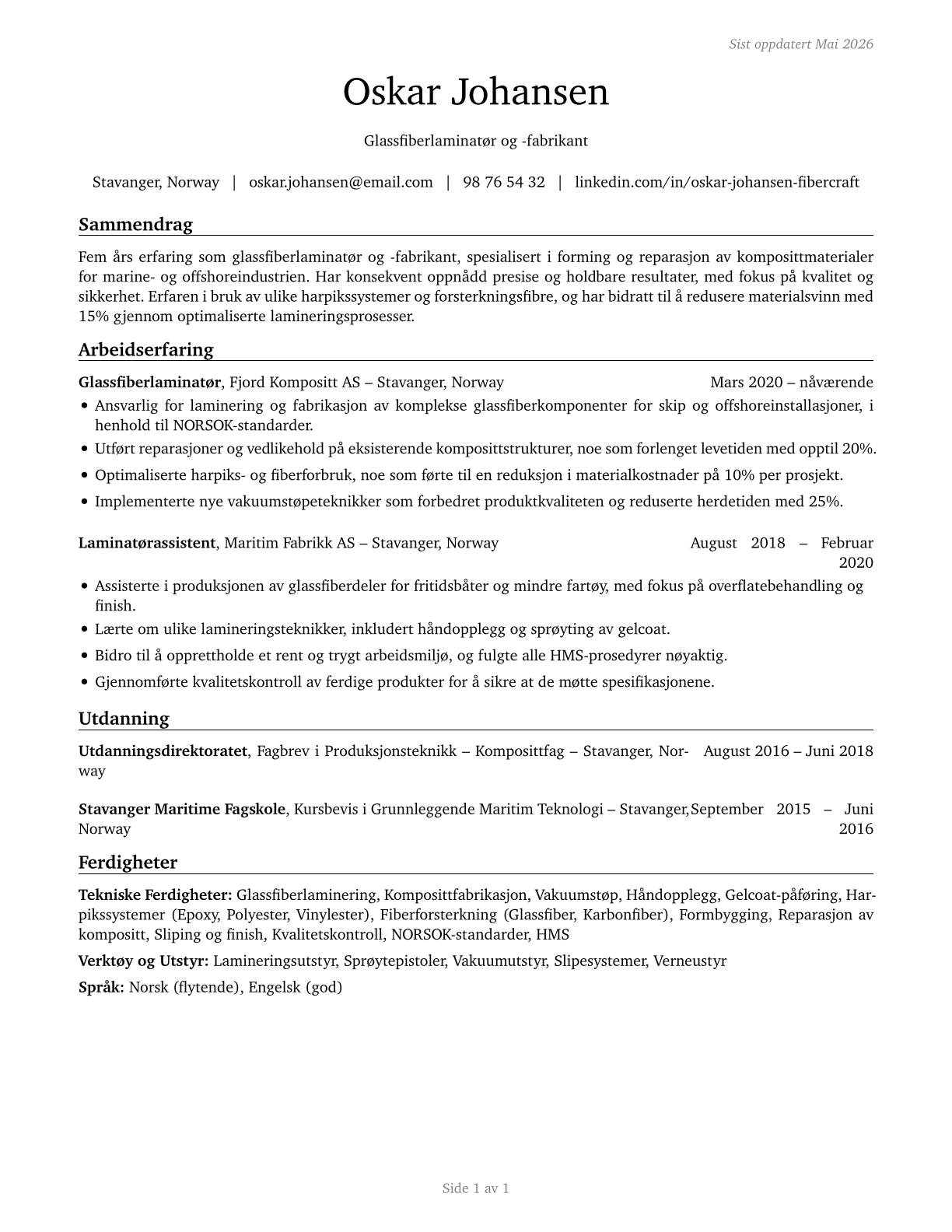 Fiberglass Laminators and Fabricators CV in Norwegian_bokmal — page 1
