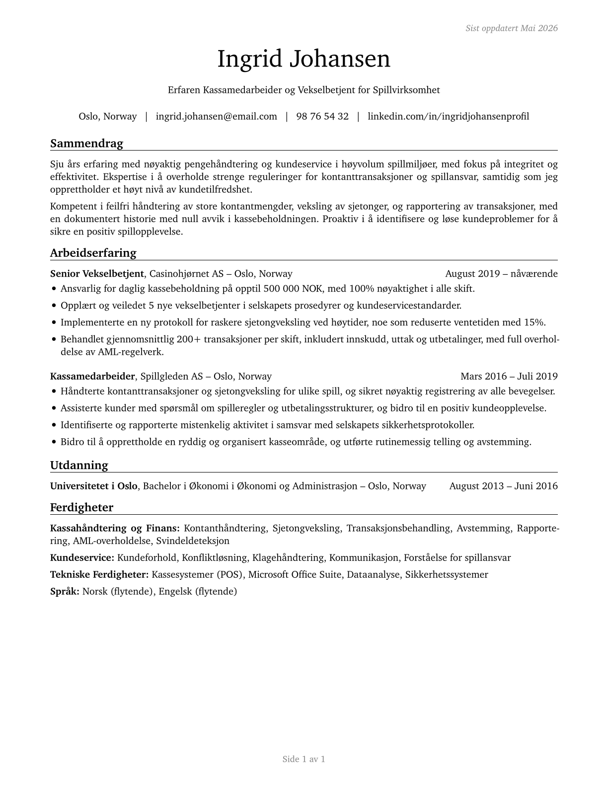 Gambling Change Persons and Booth Cashiers CV in Norwegian_bokmal — page 1