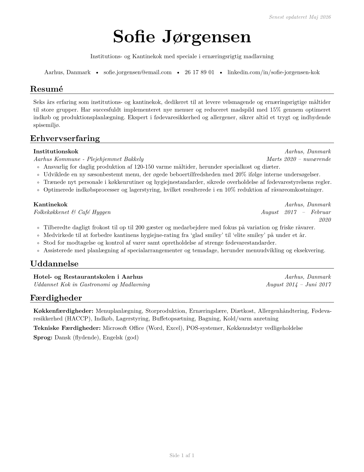 Cooks, Institution and Cafeteria CV in Danish — page 1