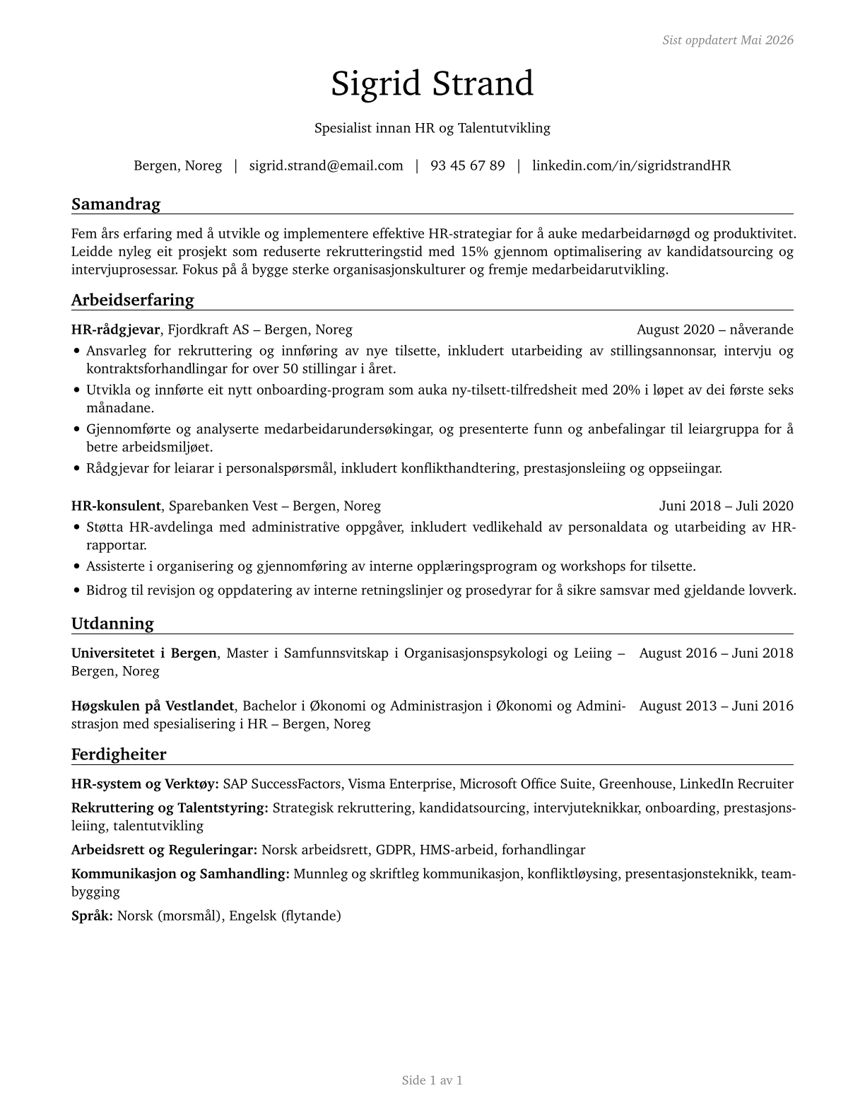 Human Resources Specialists CV in Norwegian_nynorsk — page 1