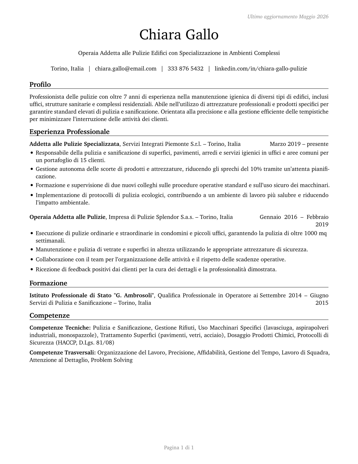 Building Cleaning Workers, All Other CV in Italian — page 1