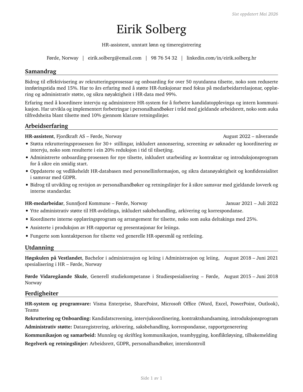 Human Resources Assistants, Except Payroll and Timekeeping CV in Norwegian_nynorsk — page 1