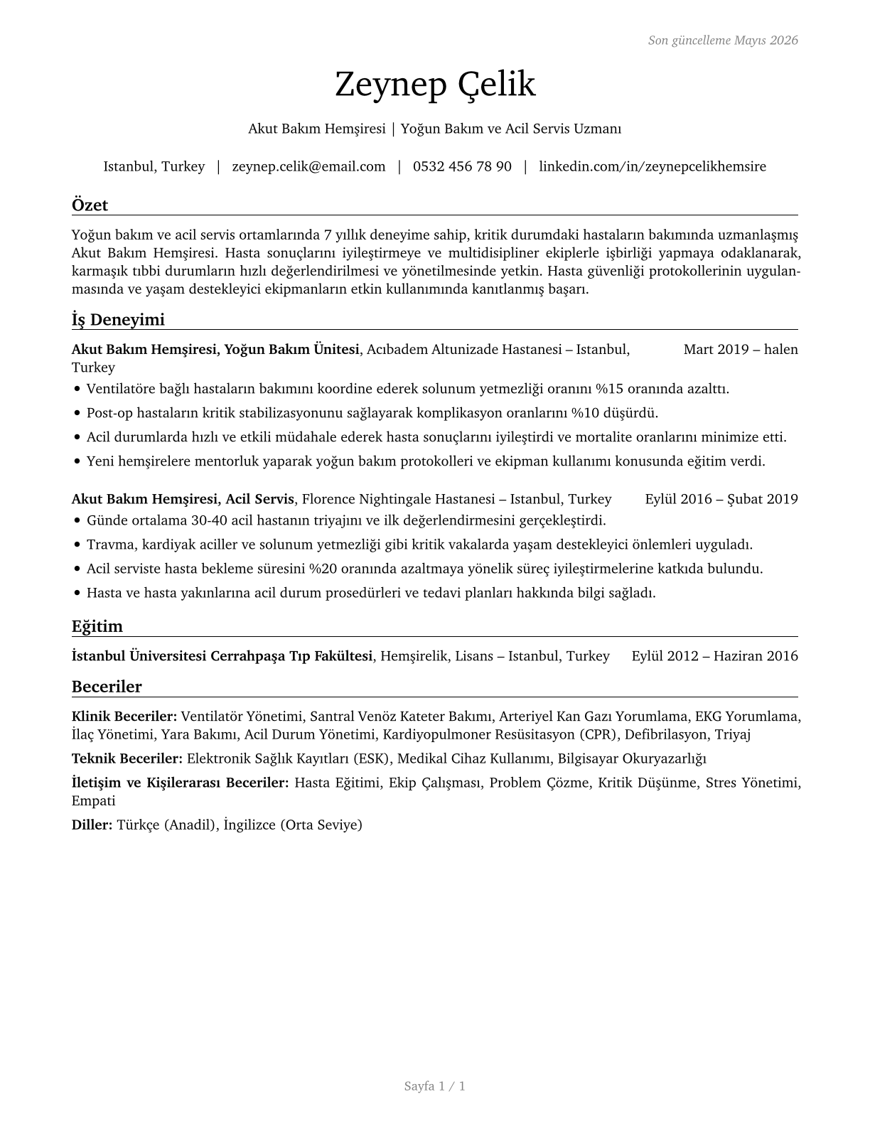 Acute Care Nurses CV in Turkish — page 1