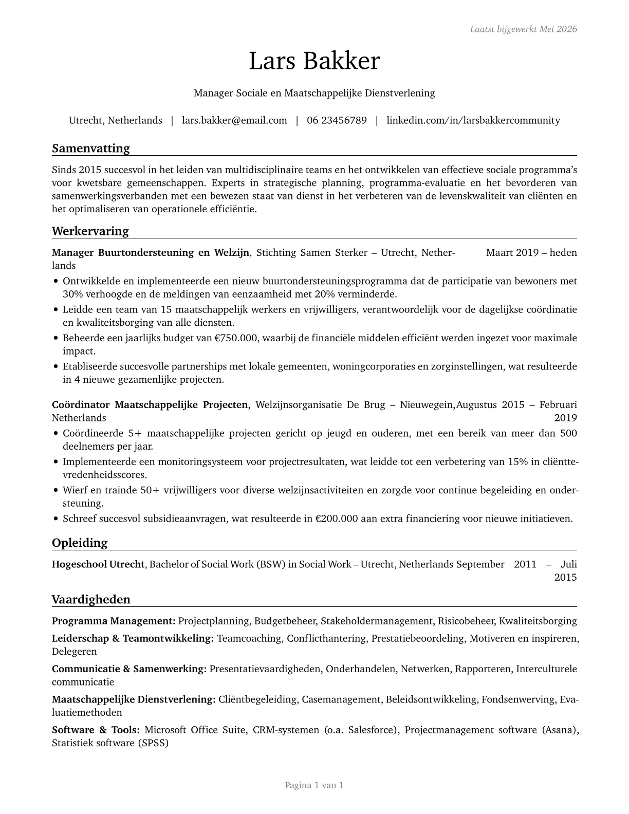 Social and Community Service Managers CV in Dutch — page 1