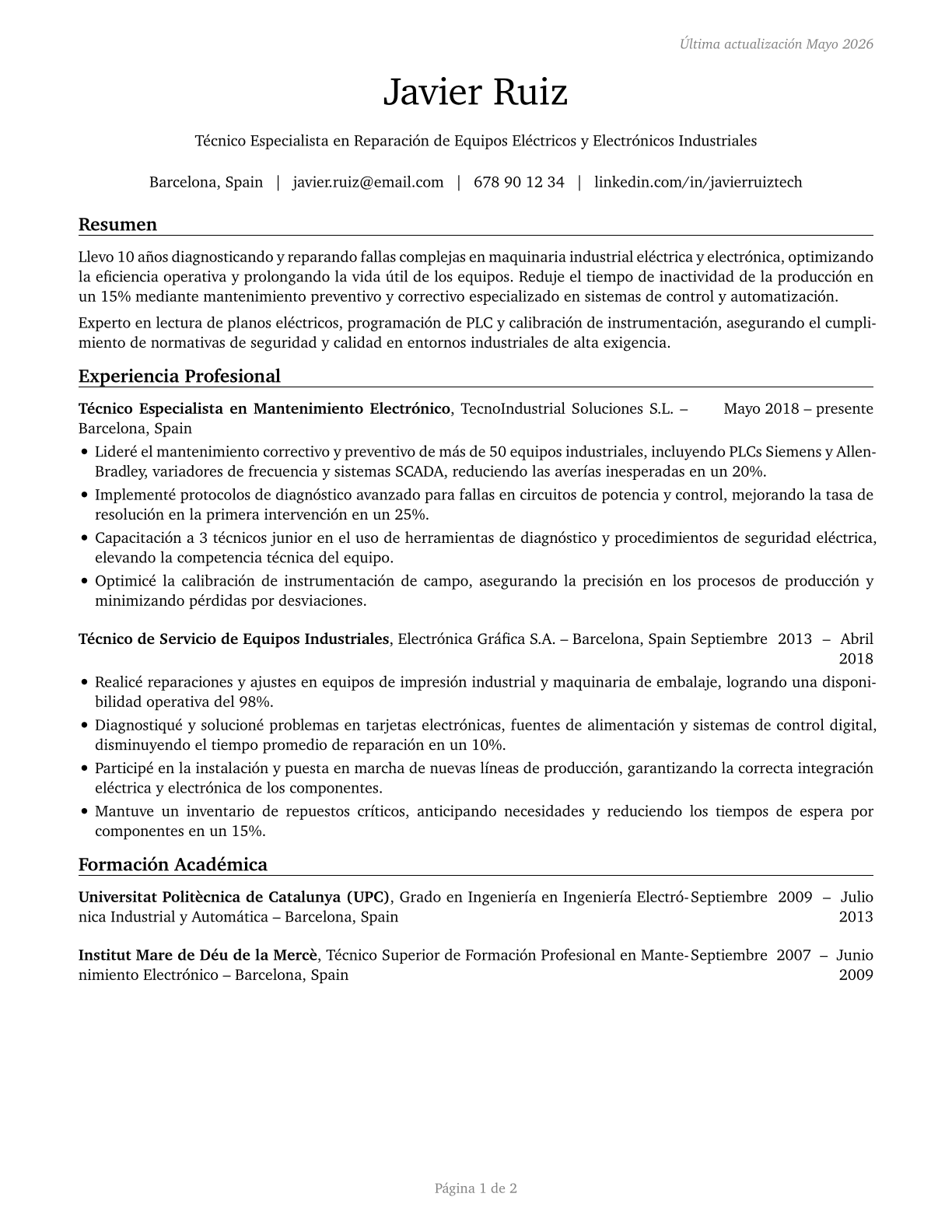 Electrical and Electronics Repairers, Commercial and Industrial Equipment CV in Spanish — page 1