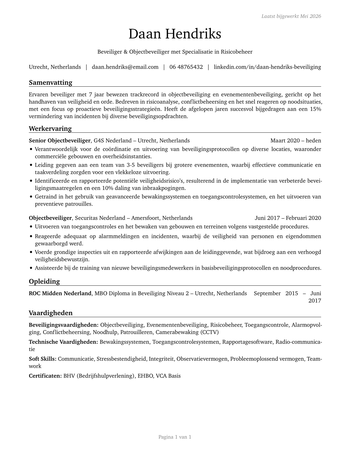 Protective Service Workers, All Other CV in Dutch — page 1