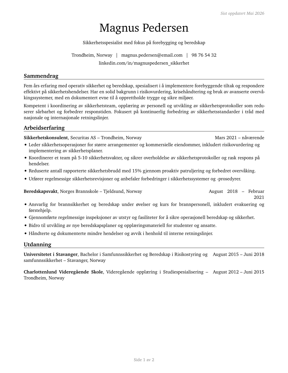 Protective Service Workers, All Other CV in Norwegian_bokmal — page 1