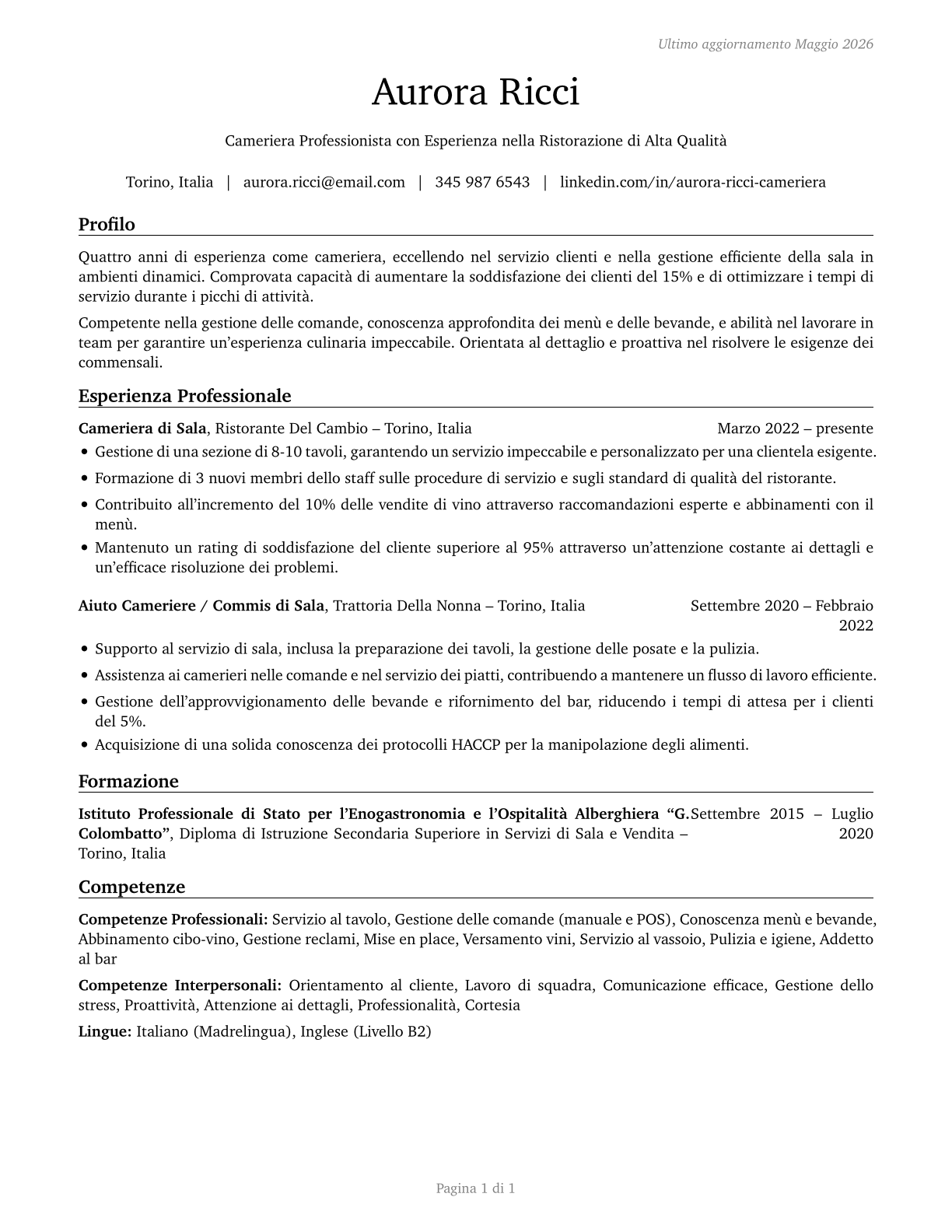 Waiters and Waitresses CV in Italian — page 1