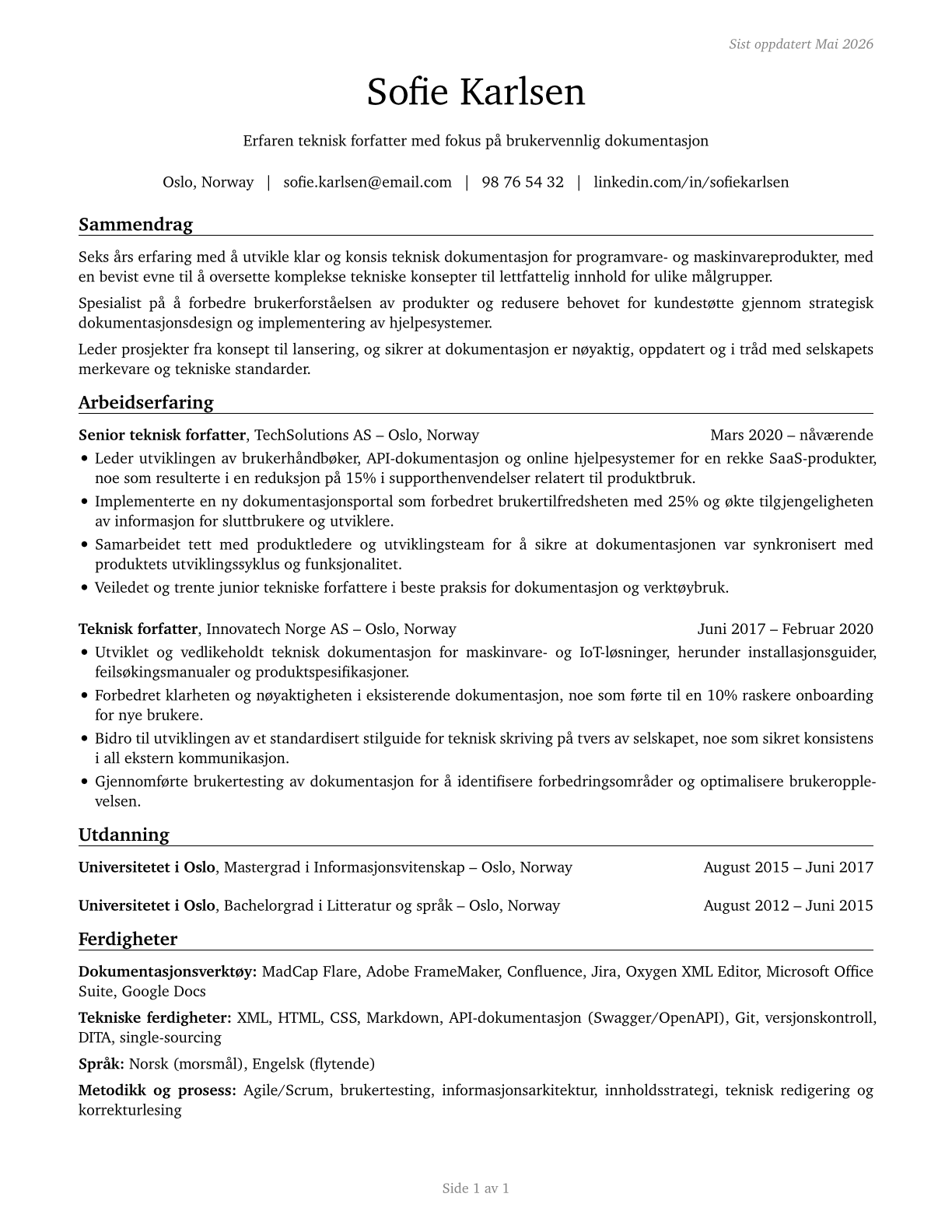 Technical Writers CV in Norwegian_bokmal — page 1